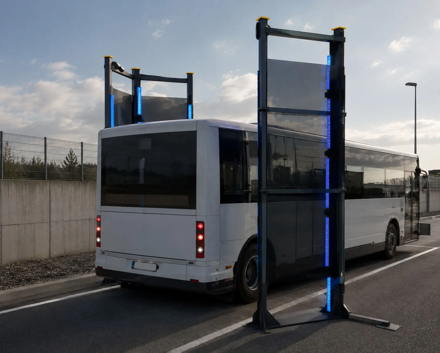 Autobús atravesando los dos pórticos de inspección Rufus Aware en cocheras